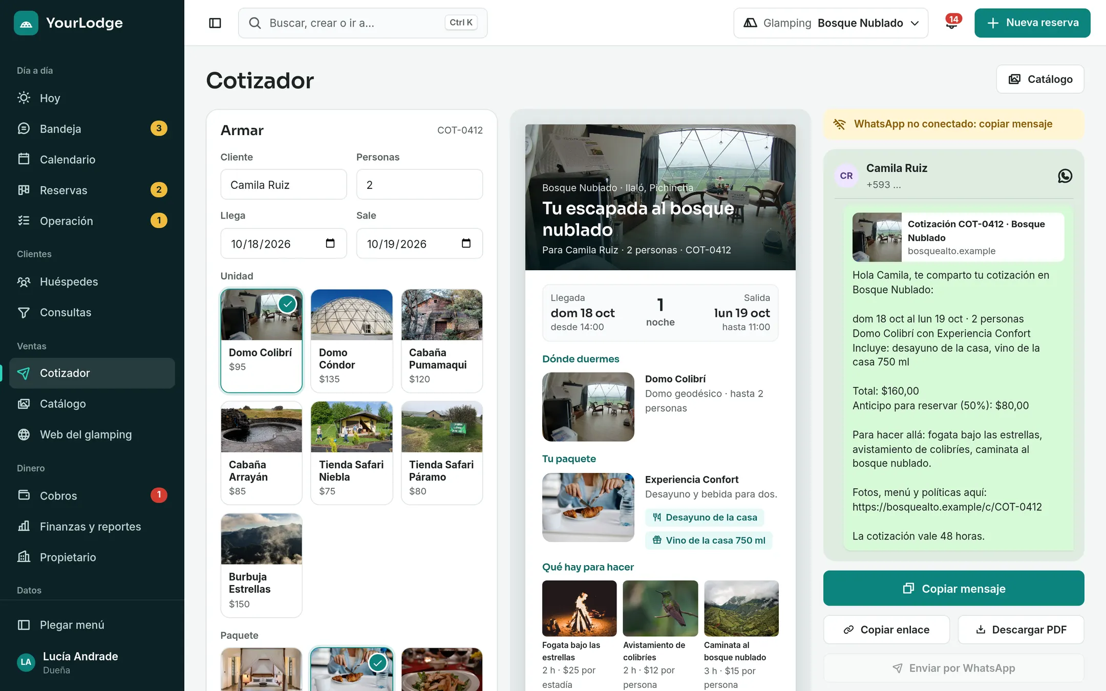 Cotizador de YourLodge armando una reserva con unidad, paquete y total