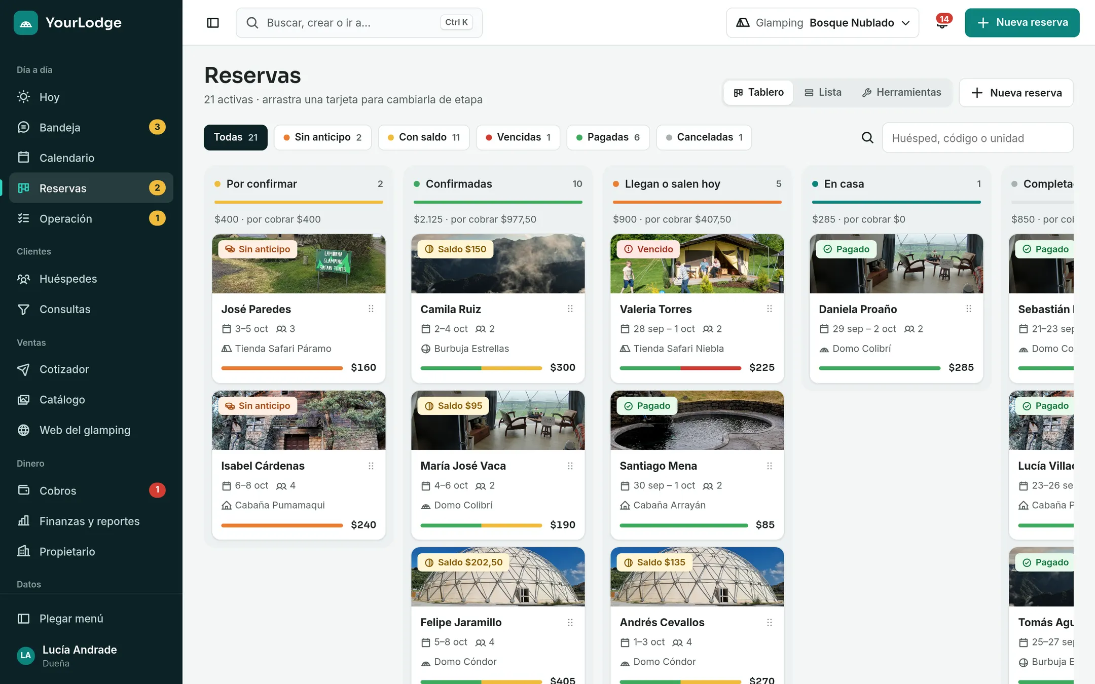 Tablero de reservas de YourLodge organizado por etapa, de por confirmar a completadas