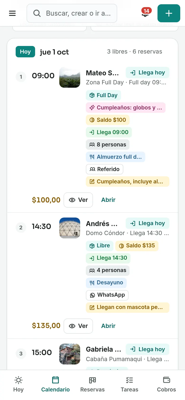 Calendario de YourLodge en celular, con las reservas de la semana