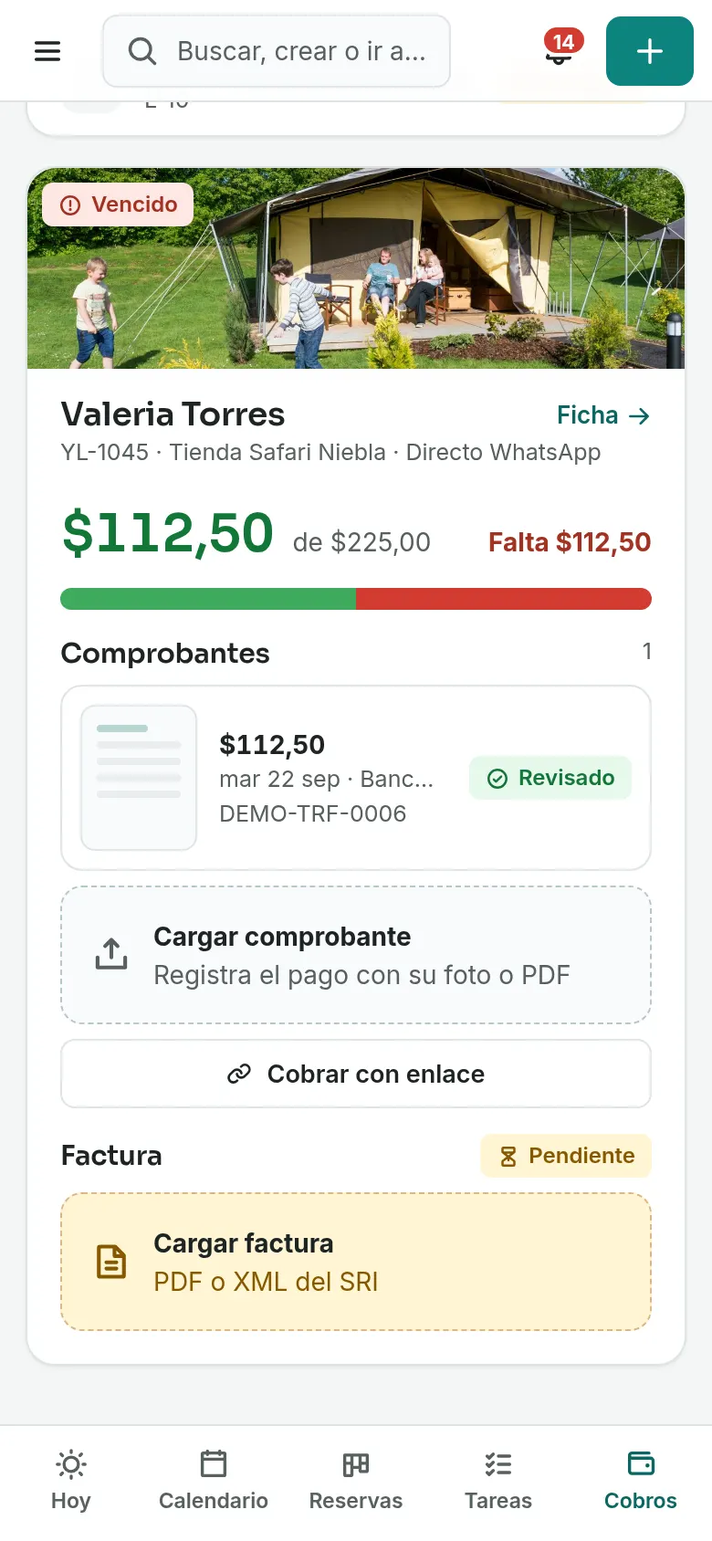 Pantalla de cobros de YourLodge en celular con una reserva por registrar
