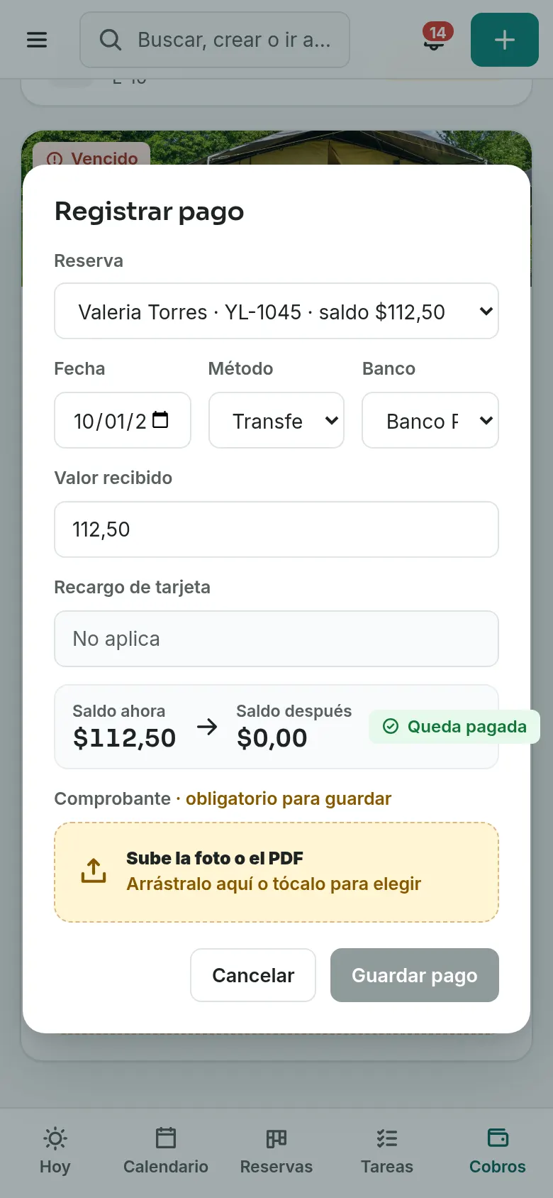 Comprobante subido y saldo actualizado en la pantalla de cobros en celular