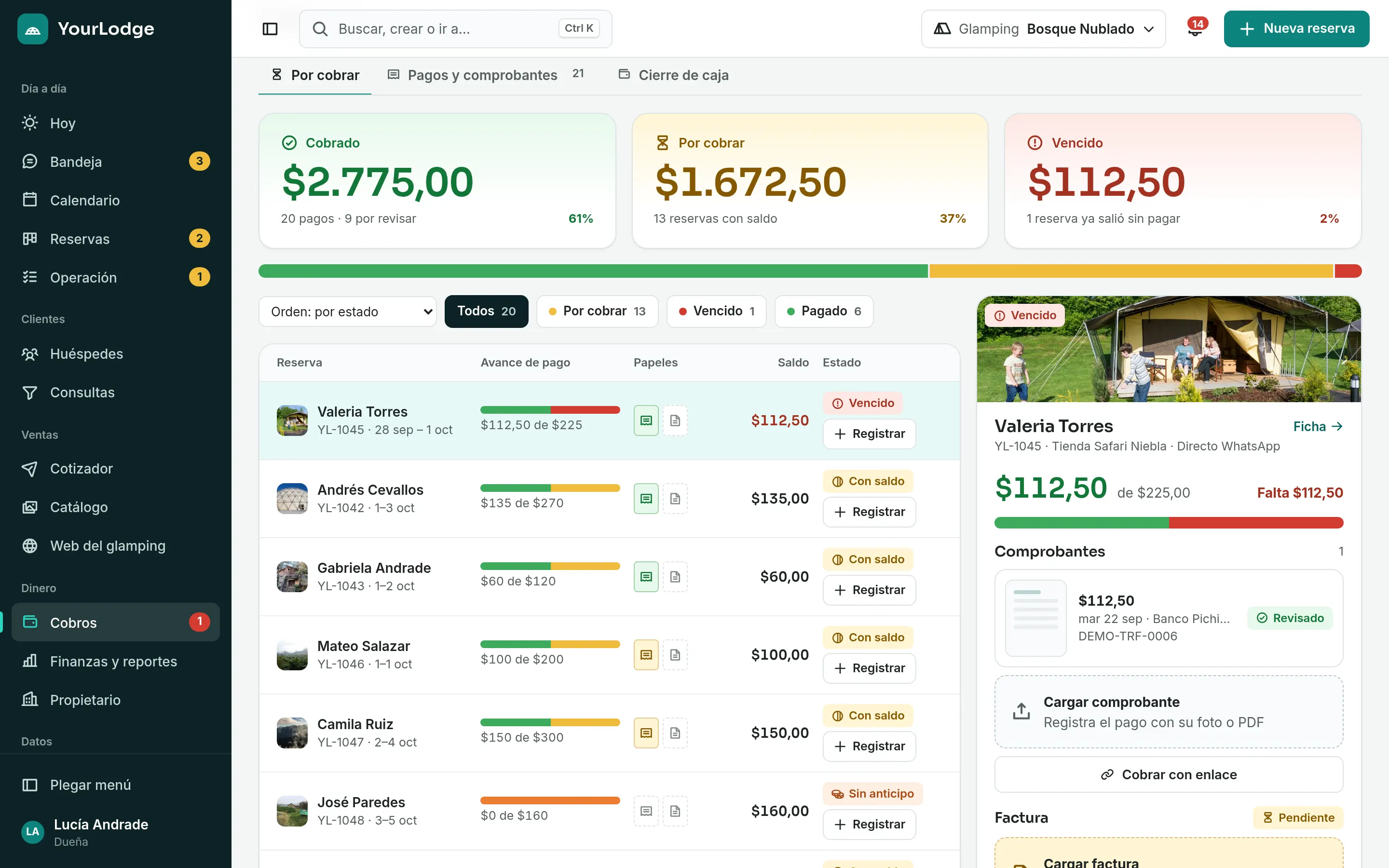 Pantalla de cobros de YourLodge con una reserva por registrar
