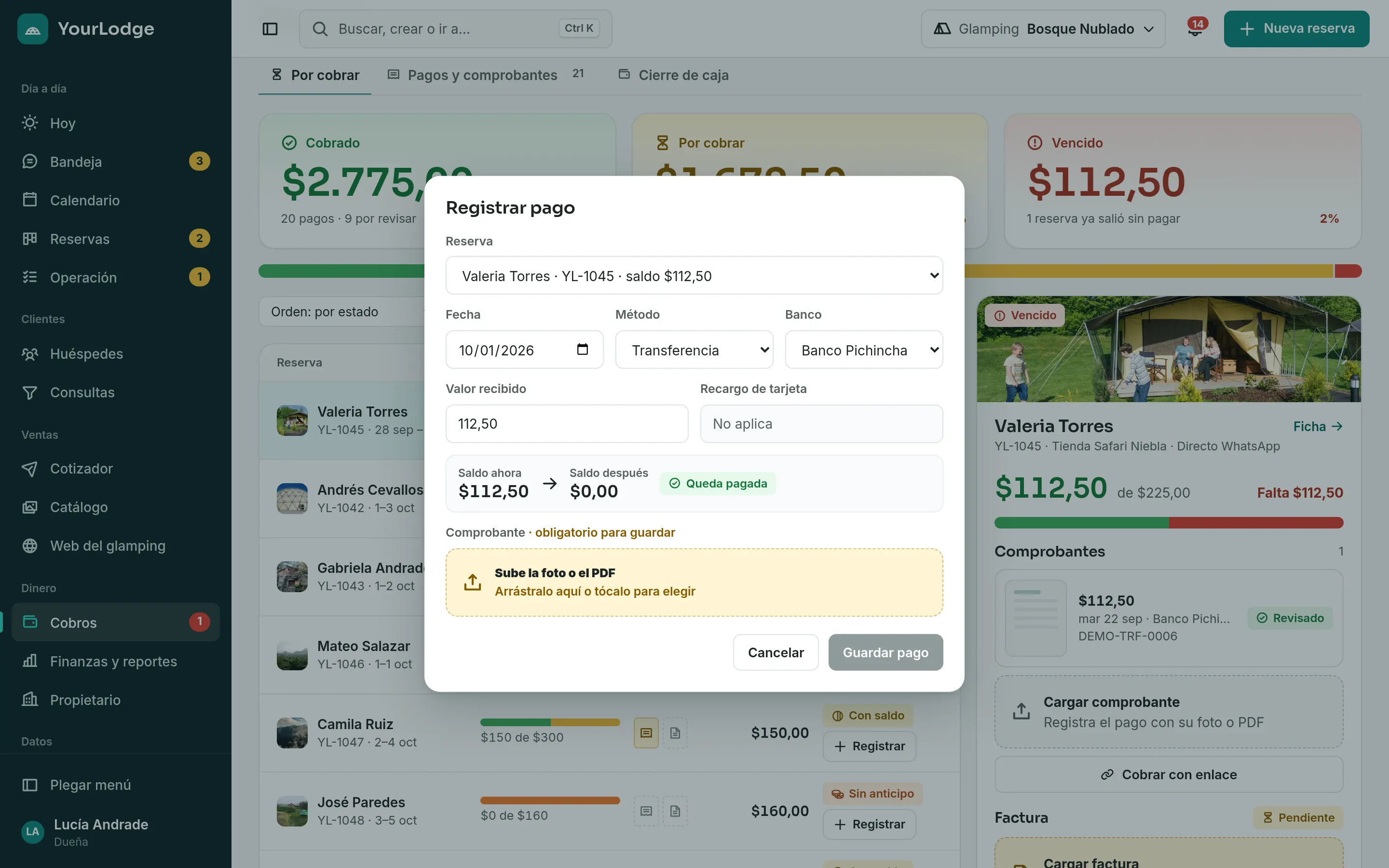 Comprobante subido y saldo actualizado en la pantalla de cobros