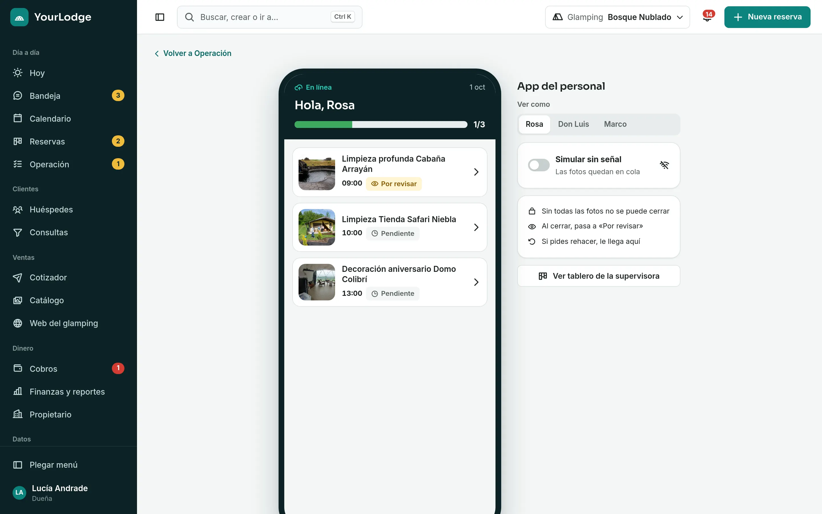 App del equipo de YourLodge con las tareas del día