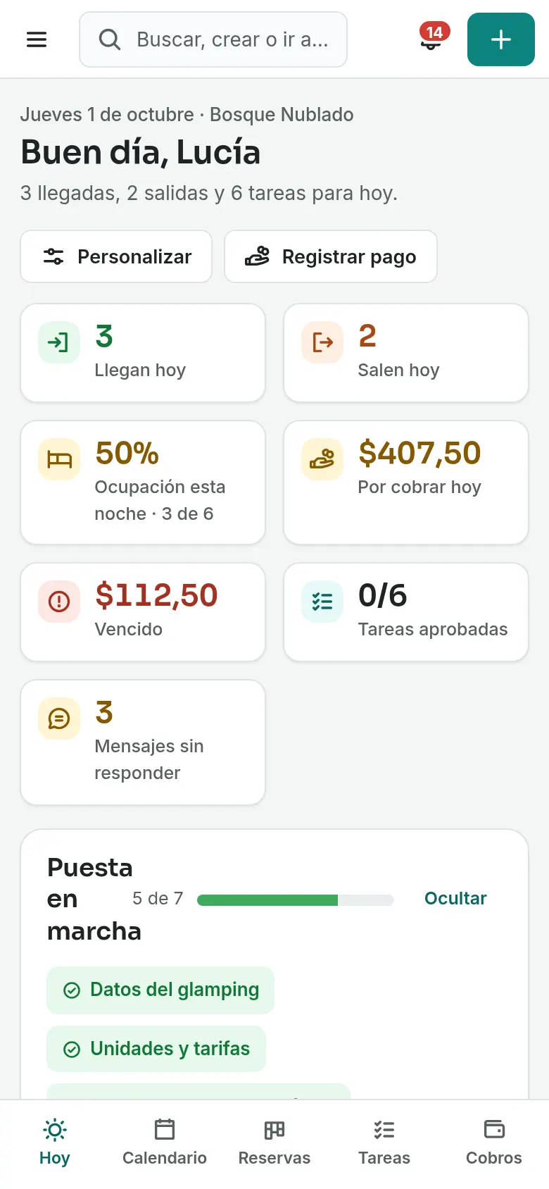 Calendario de YourLodge en celular con el botón «Nueva reserva»